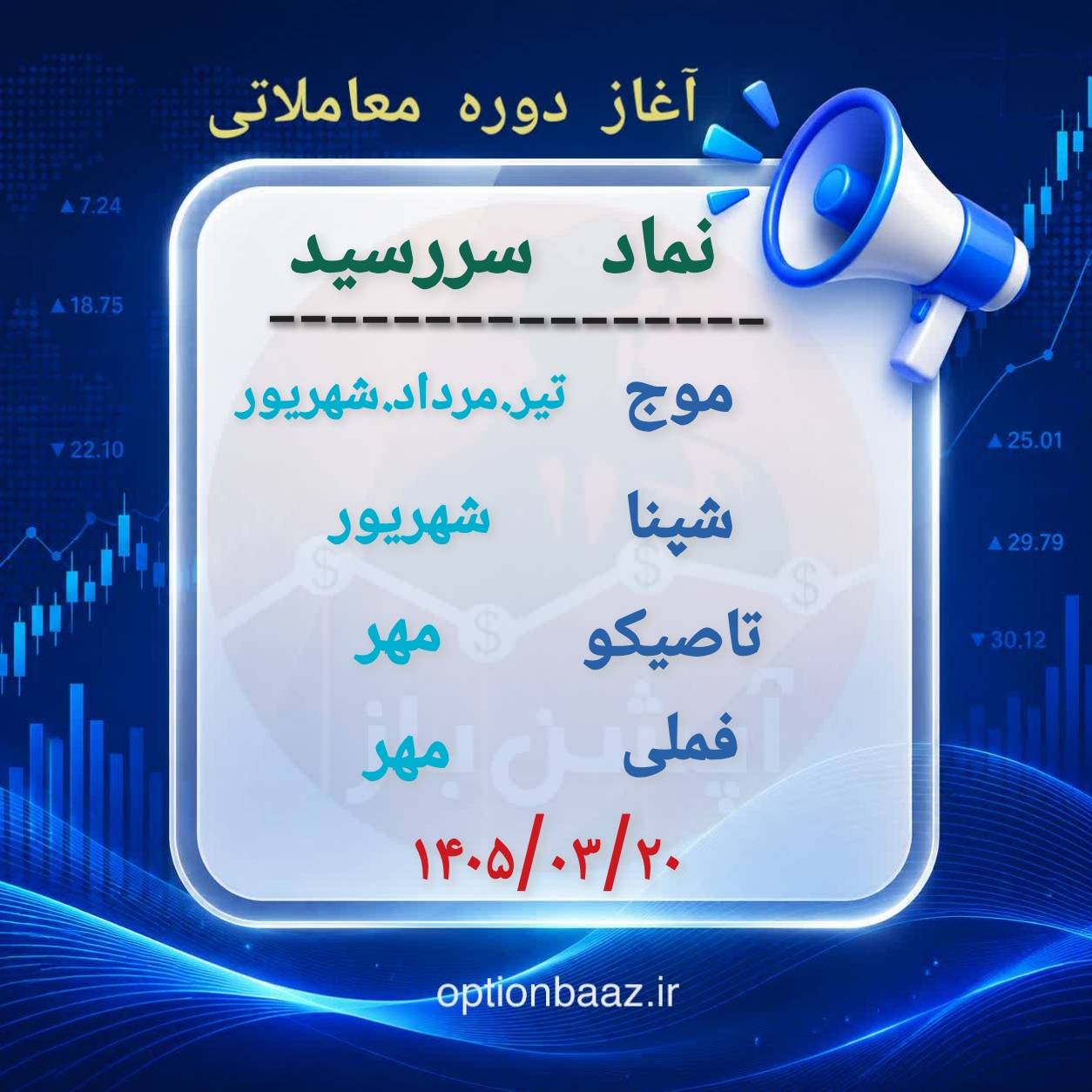 #اطلاعیه_سررسید

🅾️ آغاز دوره معاملاتی  قراردادهای اختیارمعامله :

      
        موج
🔹  دوره معاملاتی : تیر. مرداد . شهریورماه
   
        شپنا
 🔹  دوره معاملاتی : شهریورماه

       تاصیکو
 🔹  دوره معاملاتی : مهرماه

       فملی
  🔹  دوره معاملاتی : مهرماه


📆  آغاز : چهارشنبه 20 خردادماه