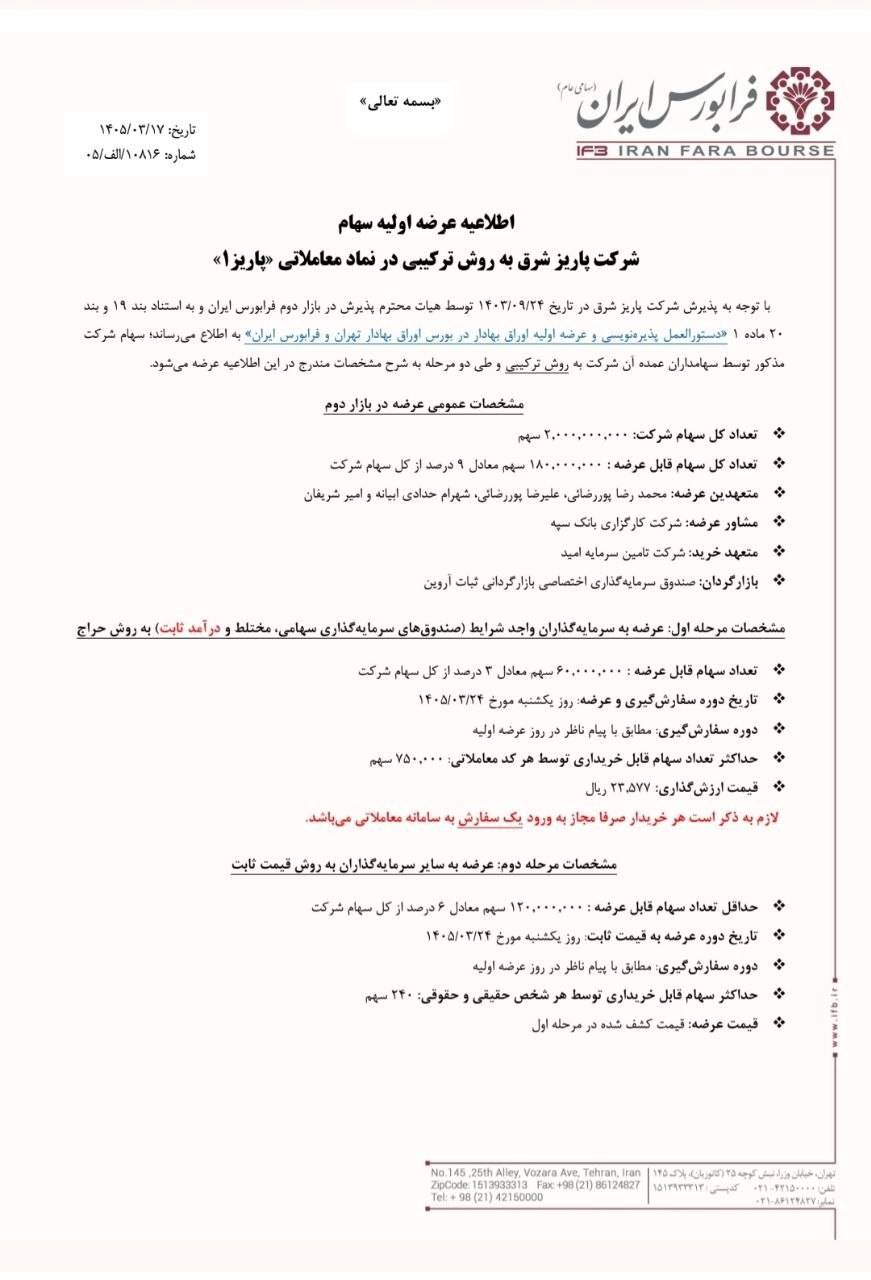 🅾️ عرضه اولیه نماد معاملاتی : پاریز1


🔺سهام شرکت پاریز شرق به روش ترکیبی 


📆 تاریخ عرضه : یکشنبه 1405/03/24


✅ مرحله اول : عرضه به سرمایه‌گذاران (صندوق‌های سرمایه گذاری سهامی،مختلط و درامدثابت) به روش حراج

🔹تعداد سهام قابل عرضه : 180.000.000 سهم معادل 9درصد از کل سهام
🔹حداکثر  تعداد سهام توسط هر کد معاملاتی : 750.000 سهم
🔹 قیمت ارزش‌گذاری : 23،577 ریال


✅ مرحله دوم : عرضه به سایر سرمایه‌گذاران به روش قیمت ثابت

🔹حداقل تعداد سهام قابل عرضه : 120.000.000 سهم معادل 6درصد از کل سهام
🔹حداکثر سهام قابل خریداری توسط هر شخص حقیقی و حقوقی : 240 سهم
🔹 قیمت عرضه : قیمت کشف شده در مرحله اول