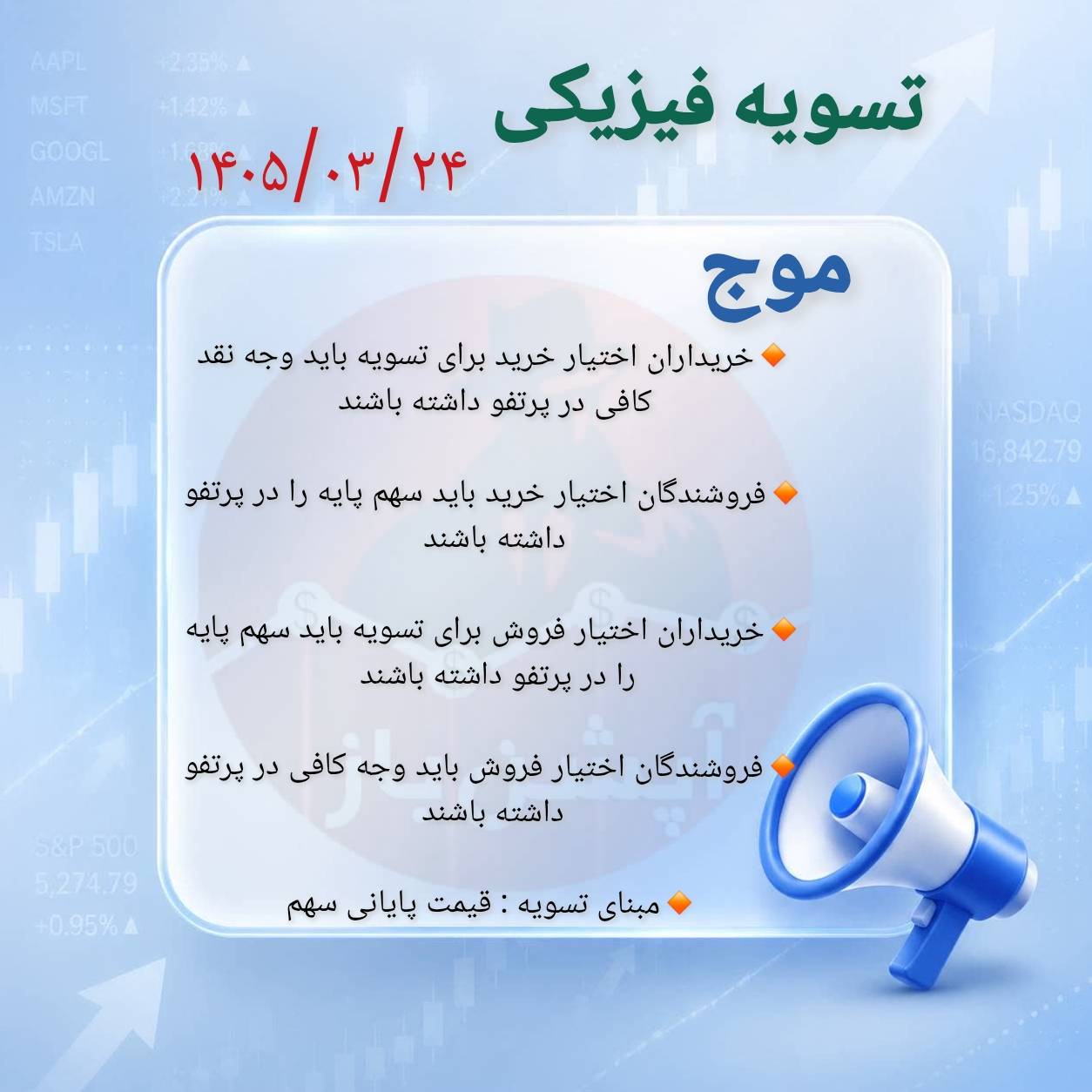 #اطلاعیه_تسویه_فیزیکی

📣 امروز یکشنبه ، سررسید خردادماه و آخرین روز معامله قراردادهای اختیار خرید و اختیار فروش نماد [ موج ] میباشد.

🔺 بعد از  این تاریخ فاقد ارزش هستند.

🔺 درصورتی که تمایل به تسویه ندارید در تایم بازار فرصت دارید موقعیت های خود را  آفست کنید