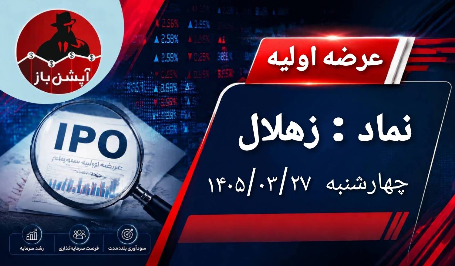 🅾️ عرضه اولیه نماد معاملاتی : زهلال1


📌سهام شرکت کشت و صنعت هلال به روش ترکیبی 


🗓️ تاریخ عرضه : چهارشنبه 1405/03/27


✅ مرحله اول : عرضه به سرمایه‌گذاران (صندوق‌های سرمایه گذاری سهامی،مختلط و درامدثابت) به روش حراج

🔹 تعداد سهام قابل عرضه : 20.000.000 سهم معادل 4درصد از کل سهام
🔹 حداکثر  تعداد سهام توسط هر کد معاملاتی : 250.000 سهم
🔹  قیمت ارزش‌گذاری : 26،306 ریال


✅ مرحله دوم : عرضه به سایر سرمایه‌گذاران به روش قیمت ثابت 

🔹 حداقل تعداد سهام قابل عرضه : 40.000.000 سهم معادل 8درصد از کل سهام
🔹 حداکثر سهام قابل خریداری توسط هر شخص حقیقی و حقوقی : 80 سهم
🔹 قیمت عرضه : قیمت کشف شده در مرحله اول