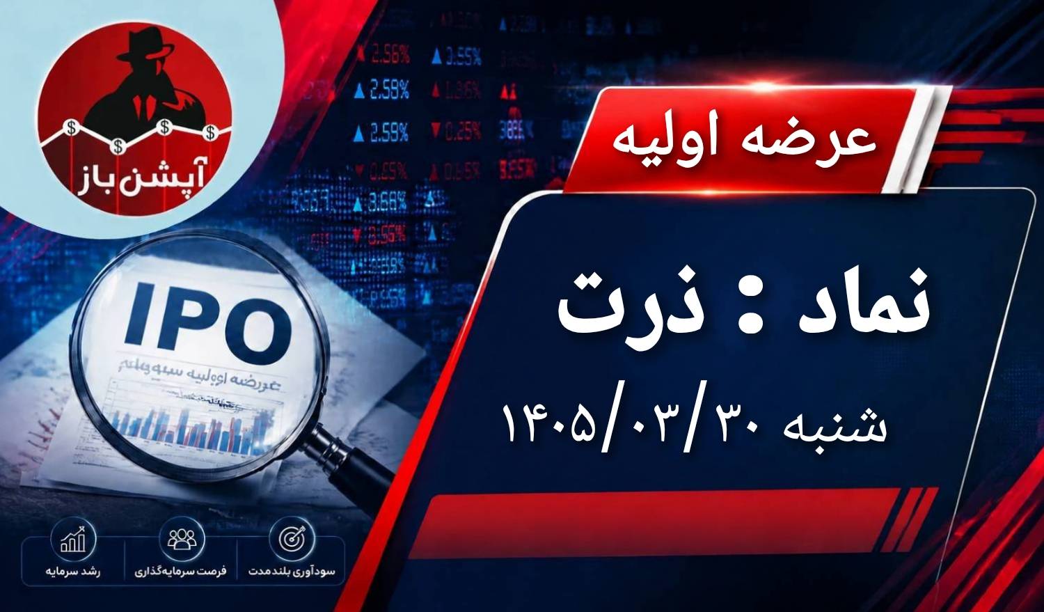 🅾️ عرضه اولیه نماد معاملاتی : ذرت


🔺سهام شرکت زرين ذرت شاهرود به روش ترکیبی 


📆 تاریخ عرضه امروز  : شنبه 1405/03/30


💵 قیمت ارزش‌گذاری : 13،254 ریال 


🔹تعداد سهام قابل عرضه: 207.900.000 سهم معادل 9درصد از کل‌سهام

🔹تعداد سهام قابل عرضه به سرمایه‌گذاران واجد شرایط به روش حراج:  69،300،000 سهم (3درصد)

🔹حداکثر  تعداد سهام توسط هر کد معاملاتی: 870.000 سهم

🔹حداقل تعداد سهام قابل عرضه به سایر سرمایه‌گذاران به روش قیمت ثابت: 138.600.000 سهم معادل (6درصد)

🔹حداکثر سهام قابل خریداری توسط هر کد: 280 سهم