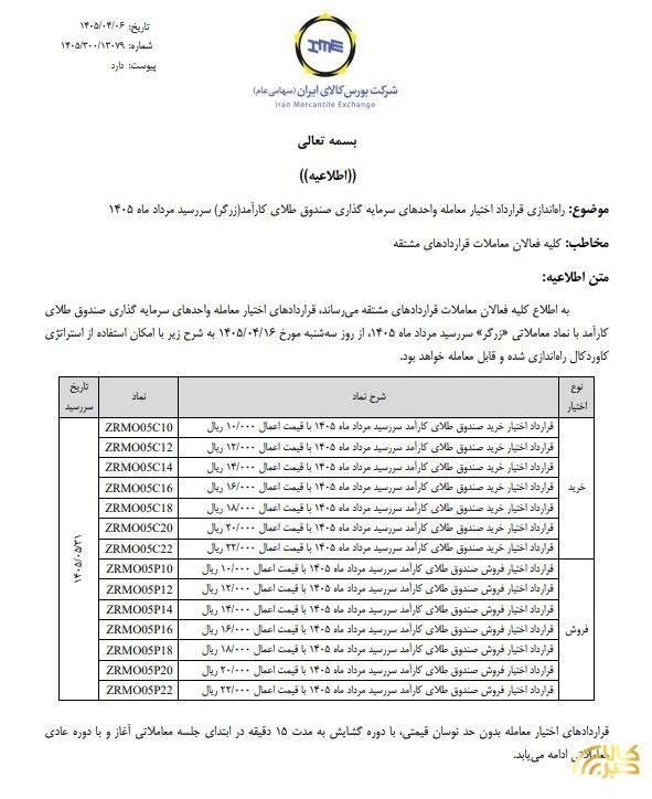 🅾️ راه‌اندازی قرارداد اختیار معامله صندوق طلای زرگر سررسید مرداد ۱۴۰۵


🔺مدیریت بازار مشتقه و ابزارهای نوین مالی بورس کالای ایران با صدور اطلاعیه ای از راه اندازی قرارداد اختیار معامله صندوق طلای کارآمد(زرگر) سررسید مرداد ۱۴۰۵ خبر داد.