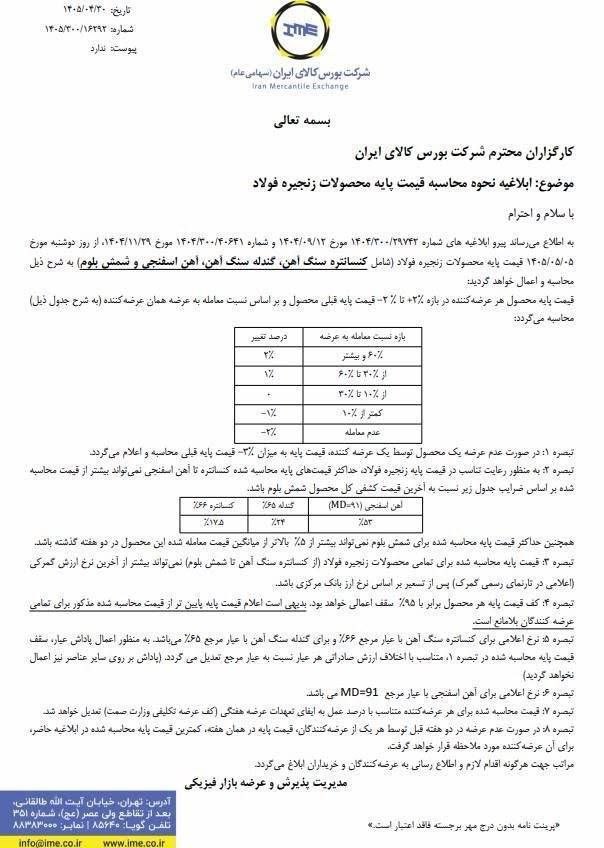 🔴 ابلاغیه جدید نحوه محاسبه قیمت پایه محصولات زنجیره فولاد در بورس کالای ایران
