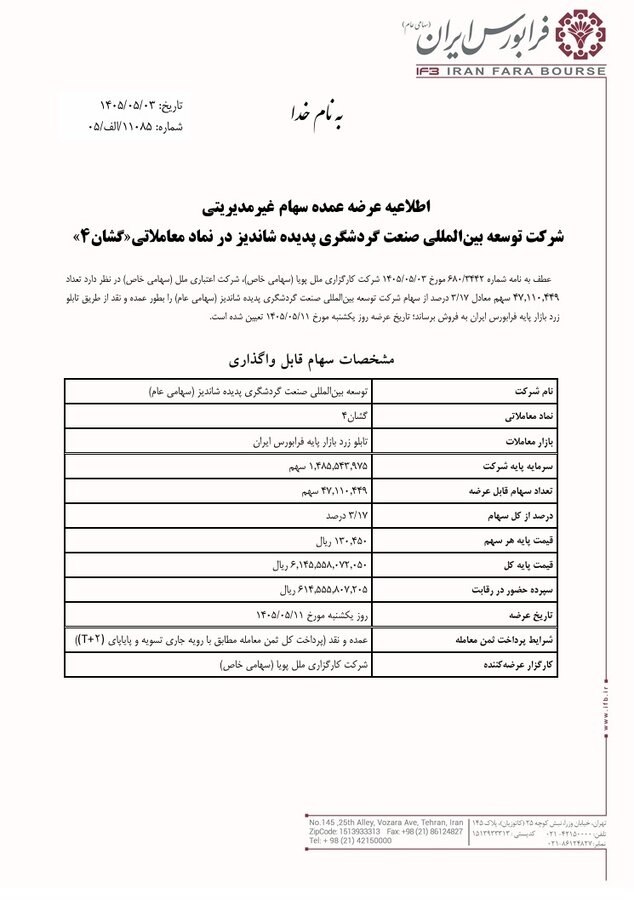 📌 عرضه عمده سهام غیر مدیریتی شرکت توسعه بین‌المللی صنعت گردشگری پدیده شاندیز در فرابورس


🔵شرکت اعتباری ملل، قصد دارد ۳/۱۷ درصد از سهام شرکت توسعه بین‌المللی صنعت گردشگری پدیده شاندیز با نماد معاملاتی «گشان۴» را به‌صورت عمده و نقد در بازار پایه فرابورس ایران عرضه کند.