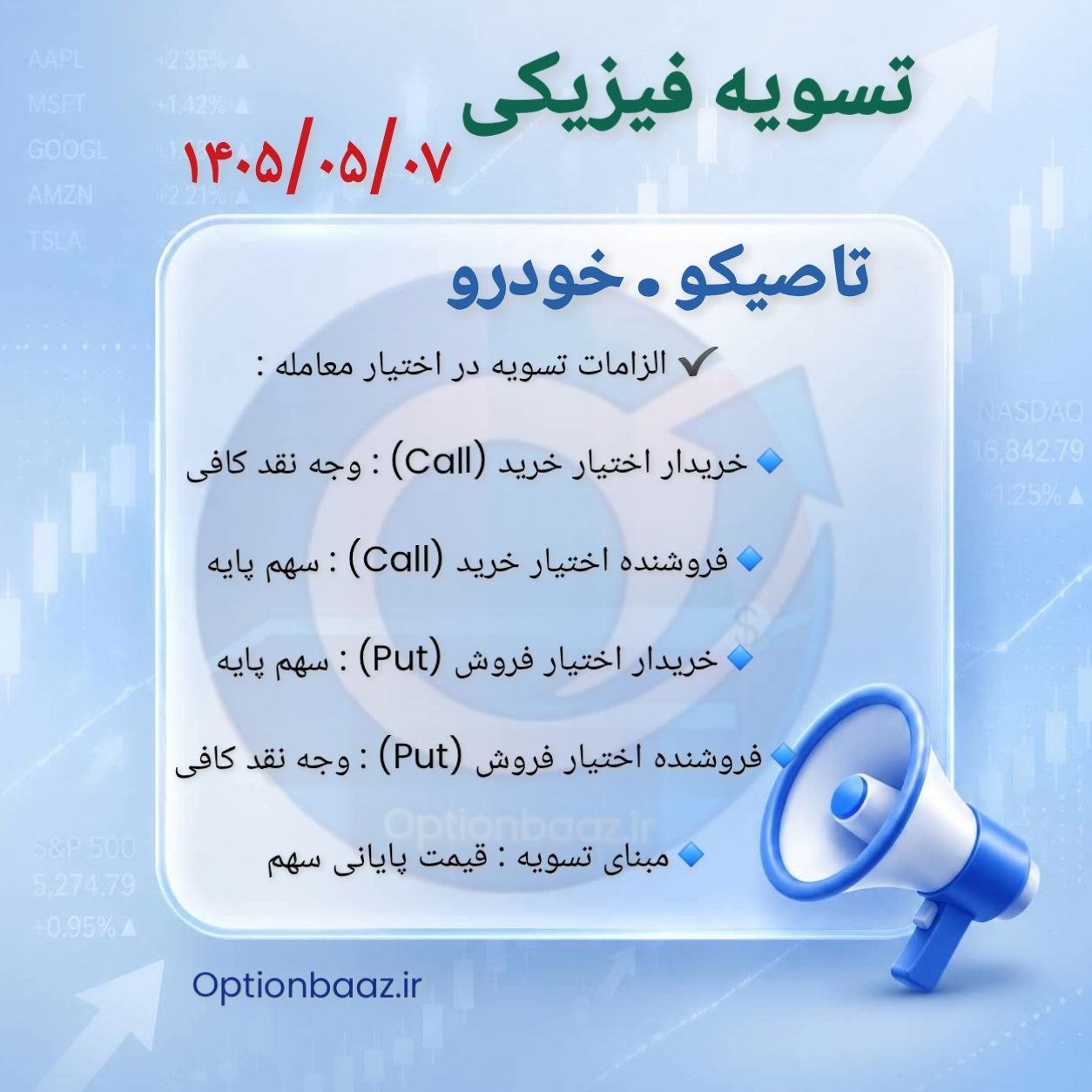 #اطلاعیه_تسویه_فیزیکی

📣 امروز چهارشنبه ، سررسید مردادماه  و آخرین روز معامله قراردادهای اختیار خرید و اختیار فروش نماد [ تاصیکو . خودرو ] میباشد.

🔺 بعد از  این تاریخ فاقد ارزش هستند.

🔺 درصورتی که تمایل به تسویه ندارید در تایم بازار فرصت دارید موقعیت های خود را  آفست کنید.