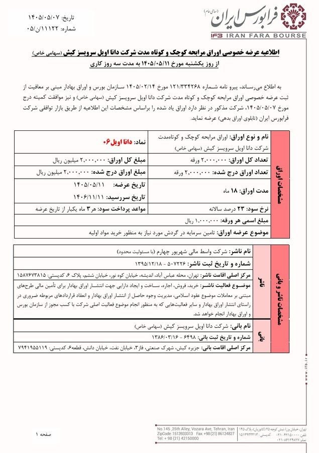 🔴 عرضه خصوصی اوراق مرابحه یک شرکت در فرابورس ایران
🔹 شرکت دانا اویل سرویسز کیش با هدف تأمین سرمایه در گردش برای خرید مواد اولیه، اقدام به انتشار اوراق مرابحه در فرابورس ایران میکند.