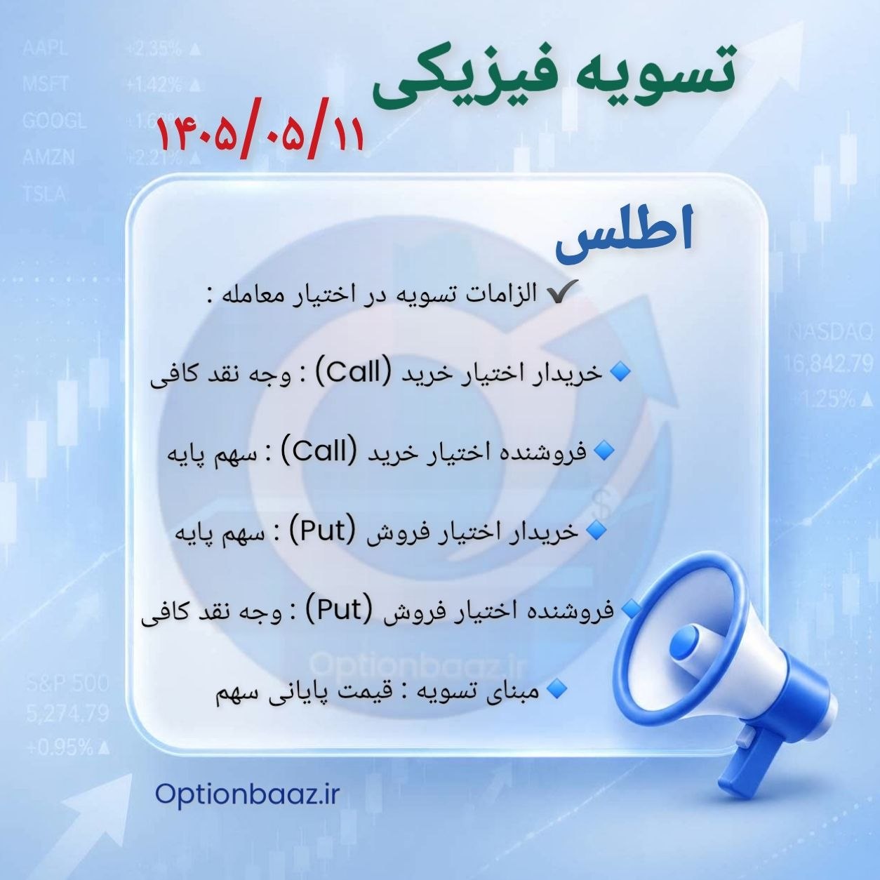 #اطلاعیه_تسویه_فیزیکی

📣 امروز یکشنبه ، سررسید مردادماه  و آخرین روز معامله قراردادهای اختیار خرید و اختیار فروش نماد [ اطلس ] میباشد.

🔺 بعد از  این تاریخ فاقد ارزش هستند.

🔺 درصورتی که تمایل به تسویه ندارید در تایم بازار فرصت دارید موقعیت های خود را  آفست کنید.