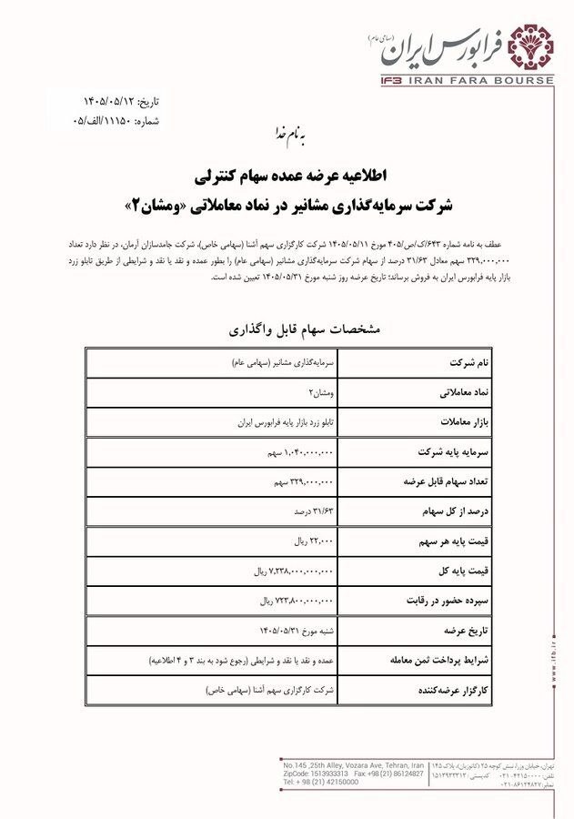 🔴 عرضه بلوکی سهام یک شرکت در فرابورس
🔹دو شرکت جامدسازان آرمان و پیشرو امید هامون، سهام کنترلی خود در شرکتهای سرمایهگذاری مشانیر را روز شنبه ۳۱ مرداد از طریق تابلو زرد بازار پایه فرابورس به فروش میرسانند.