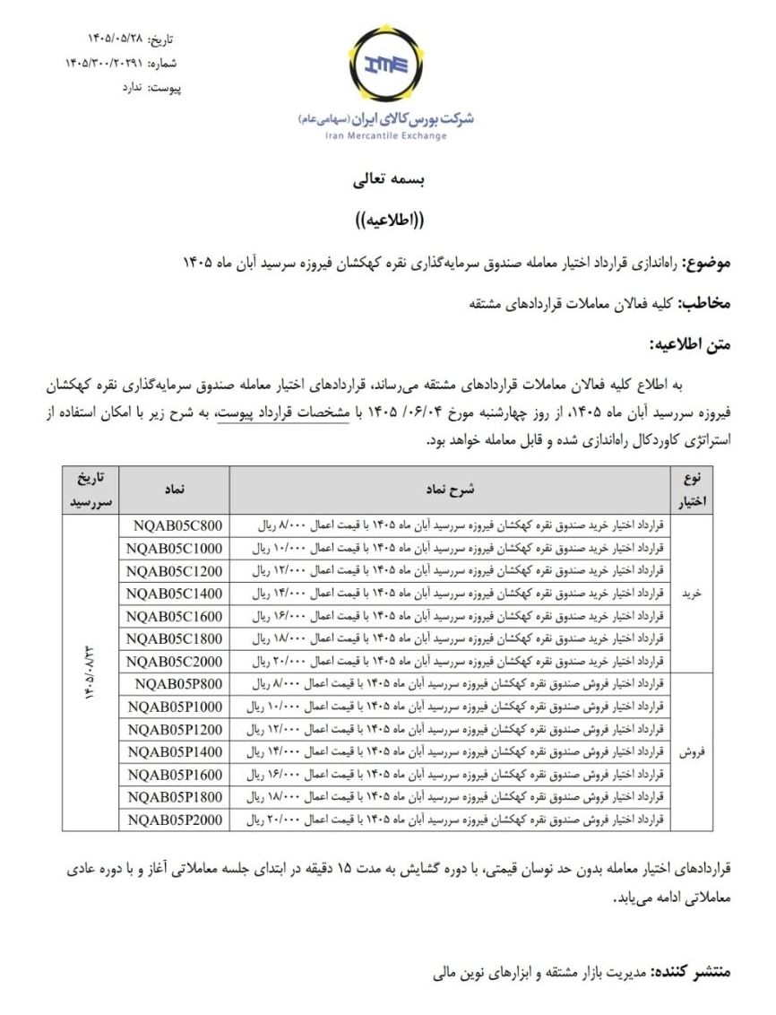 🔴 قراردادهای اختیار صندوق نقره فیروزه با نماد نقرابی از ۴ شهریور وارد بازار خواهد شد.