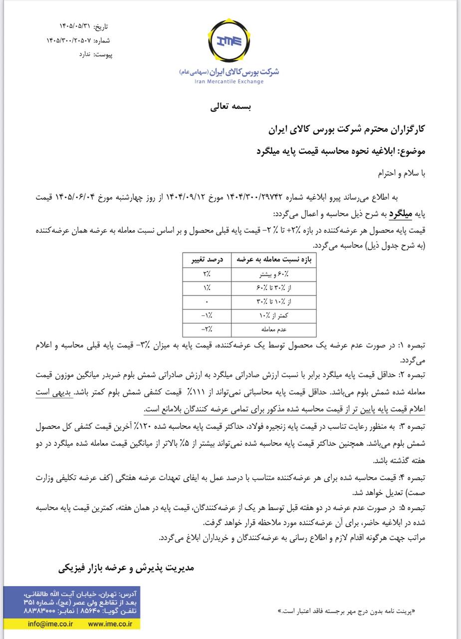 🟢 با هماهنگی وزارت صمت؛ نحوه محاسبه قیمت پایه میلگرد در بورس کالا ابلاغ شد


🔹مدیریت پذیرش و عرضه بازار فیزیکی بورس کالای ایران در ابلاغیه‌ای، نحوه محاسبه و اعمال قیمت پایه میلگرد را از روز چهارشنبه ۴ شهریور ۱۴۰۵ اعلام کرد.