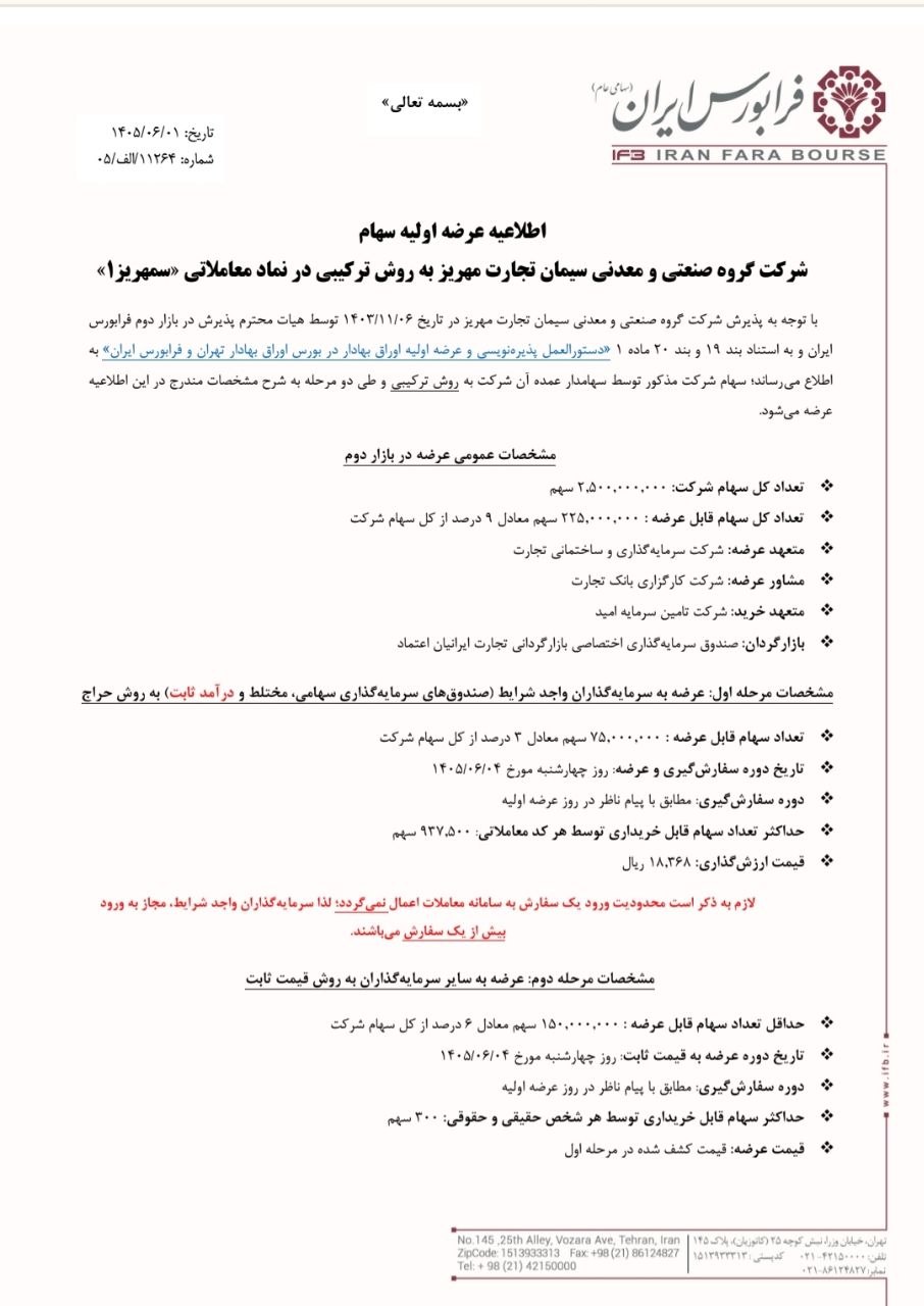🔴 عرضه اولیه نماد معاملاتی : سمهریز


📌 سهام شرکت گروه صنعتی و معدنی سیمان تجارت مهریز به روش ترکیبی در فرابورس


🗓 تاریخ عرضه : چهار‌شنبه 1405/06/04


✅ مرحله اول : عرضه به سرمایه‌گذاران (صندوق‌های سرمایه گذاری سهامی،مختلط و درامدثابت) به روش حراج

🔹 تعداد سهام قابل عرضه :  75.000.000 سهم معادل 3درصد از کل سهام
🔹 حداکثر  تعداد سهام توسط هر کد معاملاتی : 937,500 سهم
🔹  قیمت ارزش‌گذاری : 18،368 ریال


✅ مرحله دوم : عرضه به سایر سرمایه‌گذاران به روش قیمت ثابت 

🔺 حداقل تعداد سهام قابل عرضه : 150.000.000 سهم معادل 6درصد از کل سهام
🔹 حداکثر سهام قابل خریداری توسط هر شخص حقیقی و حقوقی : 300 سهم
🔺 قیمت عرضه : قیمت کشف شده در مرحله اول