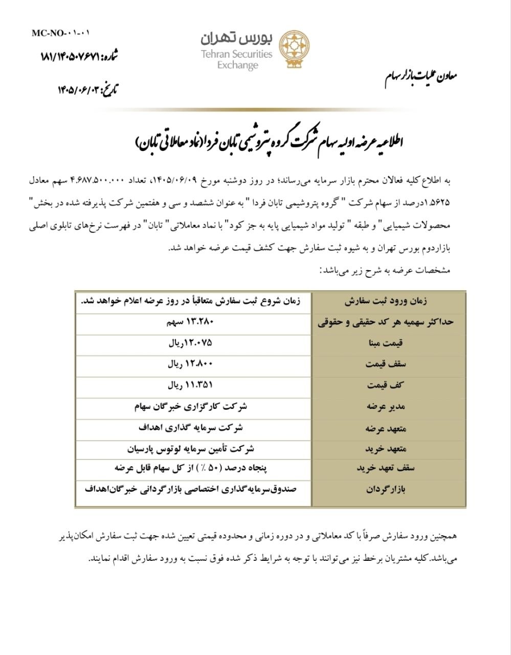 🟢 عرضه اولیه سهام شرکت گروه پتروشیمی تابان فردا با نماد : #تابان
🔹 نام تابان فردا به عنوان ششصد و سی و هفتمین شرکت پذیرفته شده در ﺑﺨﺶ محصولات شیمیایی و طبقه تولید مواد شیمیایی پایه به جز کود با نماد معاملاتی تابان در فهرست نرخهای تابلوی اصلی بازار دوم بورس تهران درج شده است.
🔹عرضه تعداد ۴،۶۸۷،۵۰۰،۰۰۰ سهم معادل ۱.۵۶۲۵ درصد از سهام
💵 سقف قیمت : ۱۲،۸۰۰ ریال
🗓 تاریخ عرضه : دوشنبه ۹ شهريور ۱۴۰۵