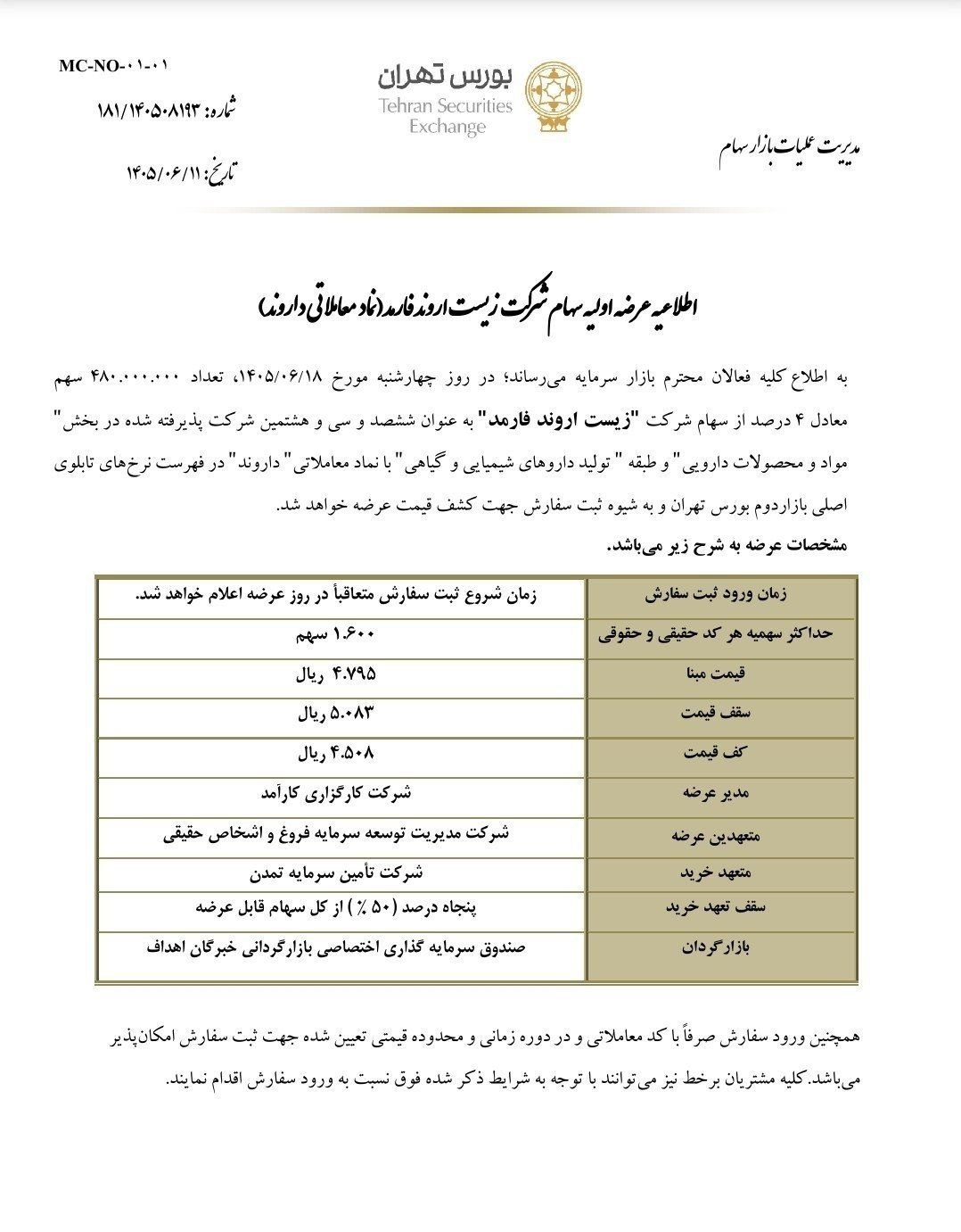 🔴 عرضه اولیه نماد معاملاتی : داروند


📌 سهام شرکت زیست اروند فارمد با روش بوک بیلدینگ


🗓 تاریخ عرضه : چهار‌شنبه 1405/06/18

💵  قیمت مبنا : 4،795 ریال

🔹 حداکثر مبلغ مورد نیاز :  815،000 تومان

🔹 تعداد سهام قابل عرضه :  480.000.000 سهم معادل 4 درصد از کل سهام

🔹 حداکثر سهمیه هر کد شخص حقیقی و حقوقی : 1.600 سهم

🔹 متعهد خرید :  شرکت تامین سرمایه تمدن

🔹 ساعت ثبت سفارش : متعاقبا اعلام میگردد