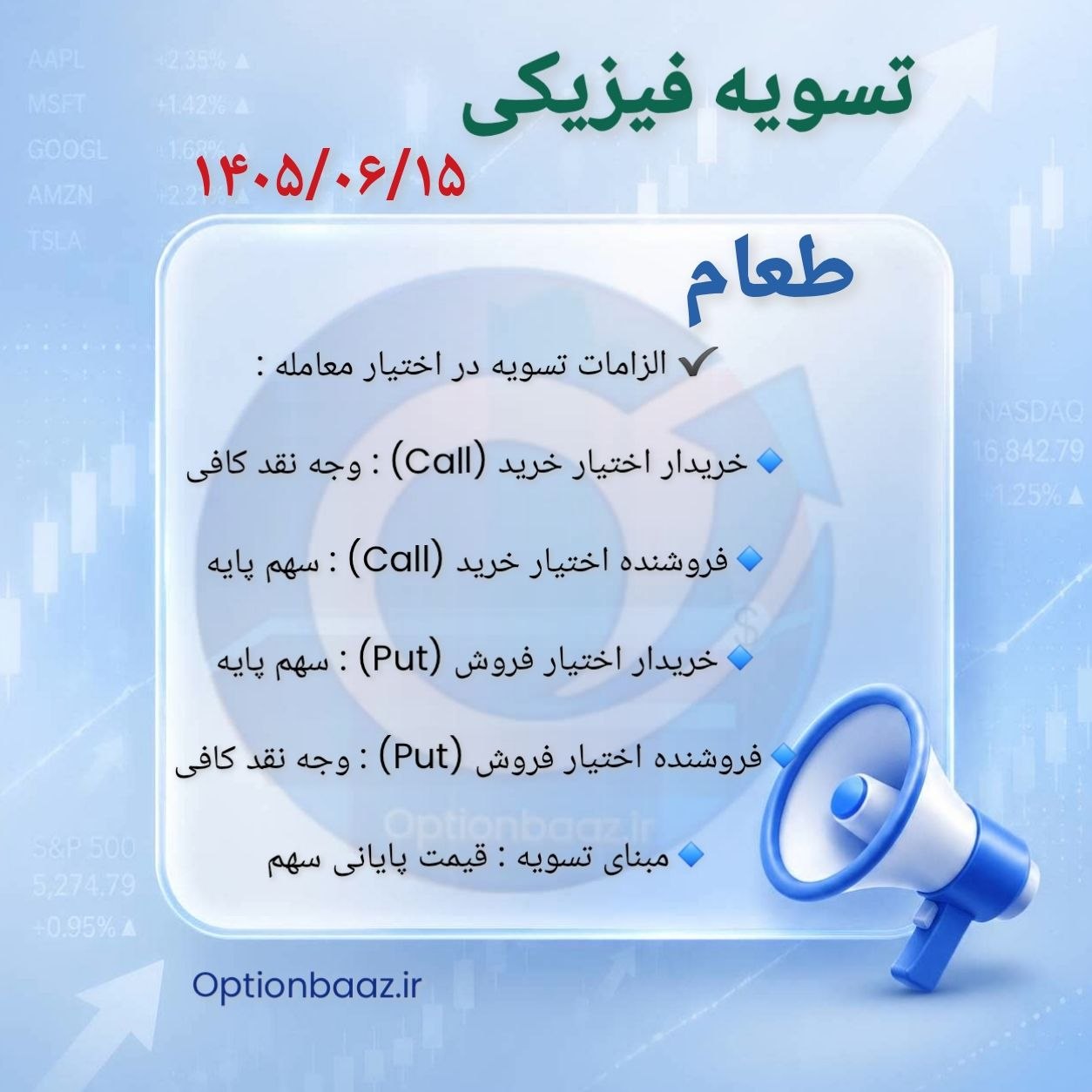 #اطلاعیه_تسویه_فیزیکی
🗓 امروز چهارشنبه، سررسید شهریورماه
آخرین فرصت معامله قراردادهای اختیار خرید و فروش نماد #طعام
📌 نکات مهم :
پس از این تاریخ، قراردادها فاقد ارزش خواهند بود.
در صورت عدم تمایل به تسویه، حتماً در تایم بازار موقعیتهای خود را آفست کنید.