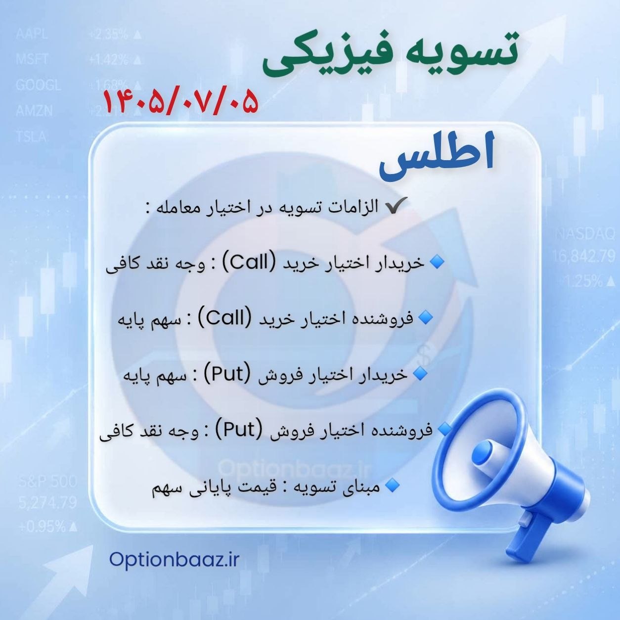 #اطلاعیه_تسویه_فیزیکی
🗓 امروز یکشنبه، سررسید مهرماه
آخرین فرصت معامله قراردادهای اختیار خرید و فروش نماد :
#اطلس
📌 نکات مهم :
پس از این تاریخ، قراردادها فاقد ارزش خواهند بود.
در صورت عدم تمایل به تسویه، حتماً در تایم بازار موقعیتهای خود را آفست کنید.