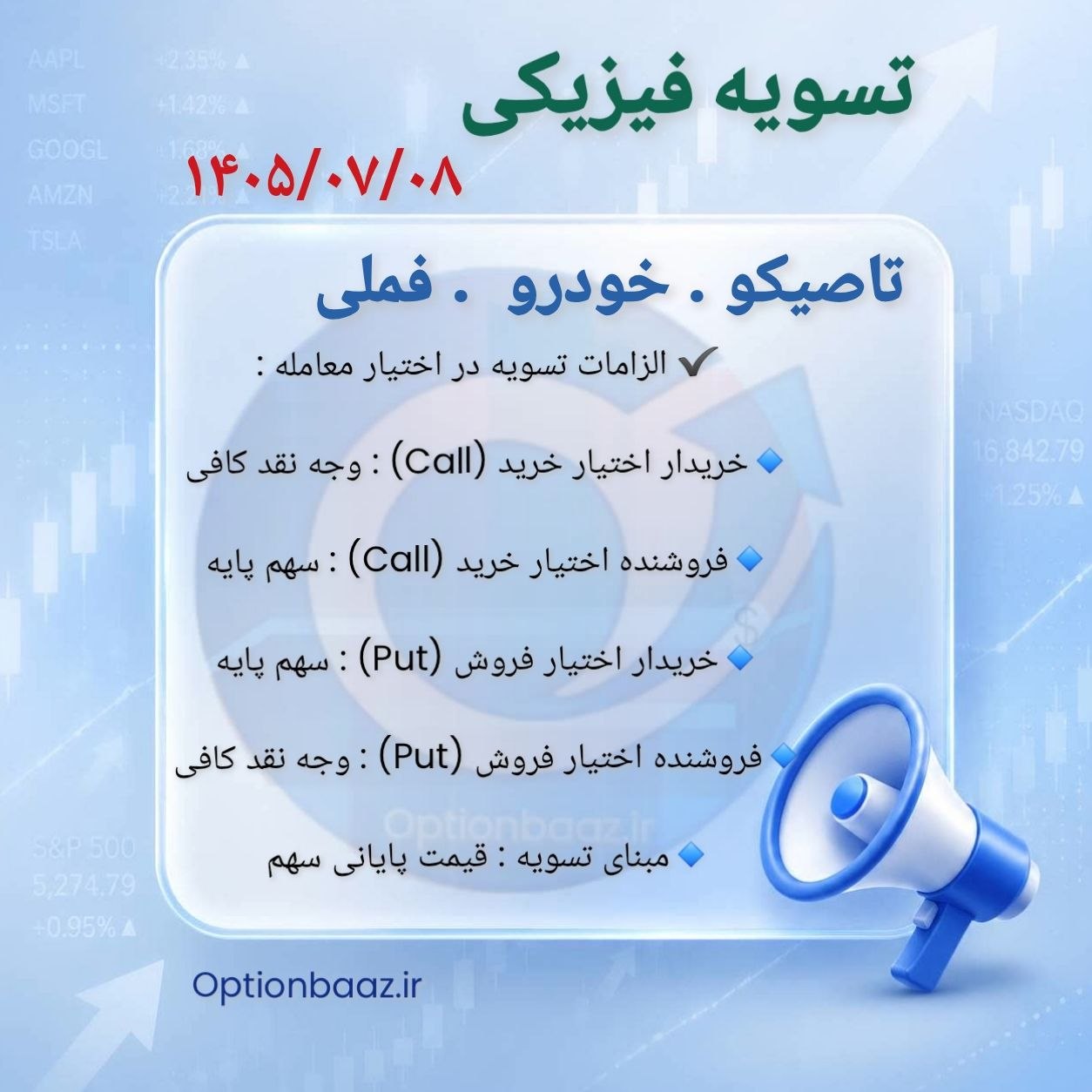 #اطلاعیه_تسویه_فیزیکی

🗓 امروز چهارشنبه، سررسید مهرماه
        آخرین فرصت معامله قراردادهای اختیار خرید و فروش نماد :
        #تاصیکو  #خودرو  #فملی

 📌 نکات مهم :
        پس از این تاریخ، قراردادها فاقد ارزش خواهند بود.
       در صورت عدم تمایل به تسویه، حتماً در تایم بازار موقعیت‌های خود را آفست کنید.