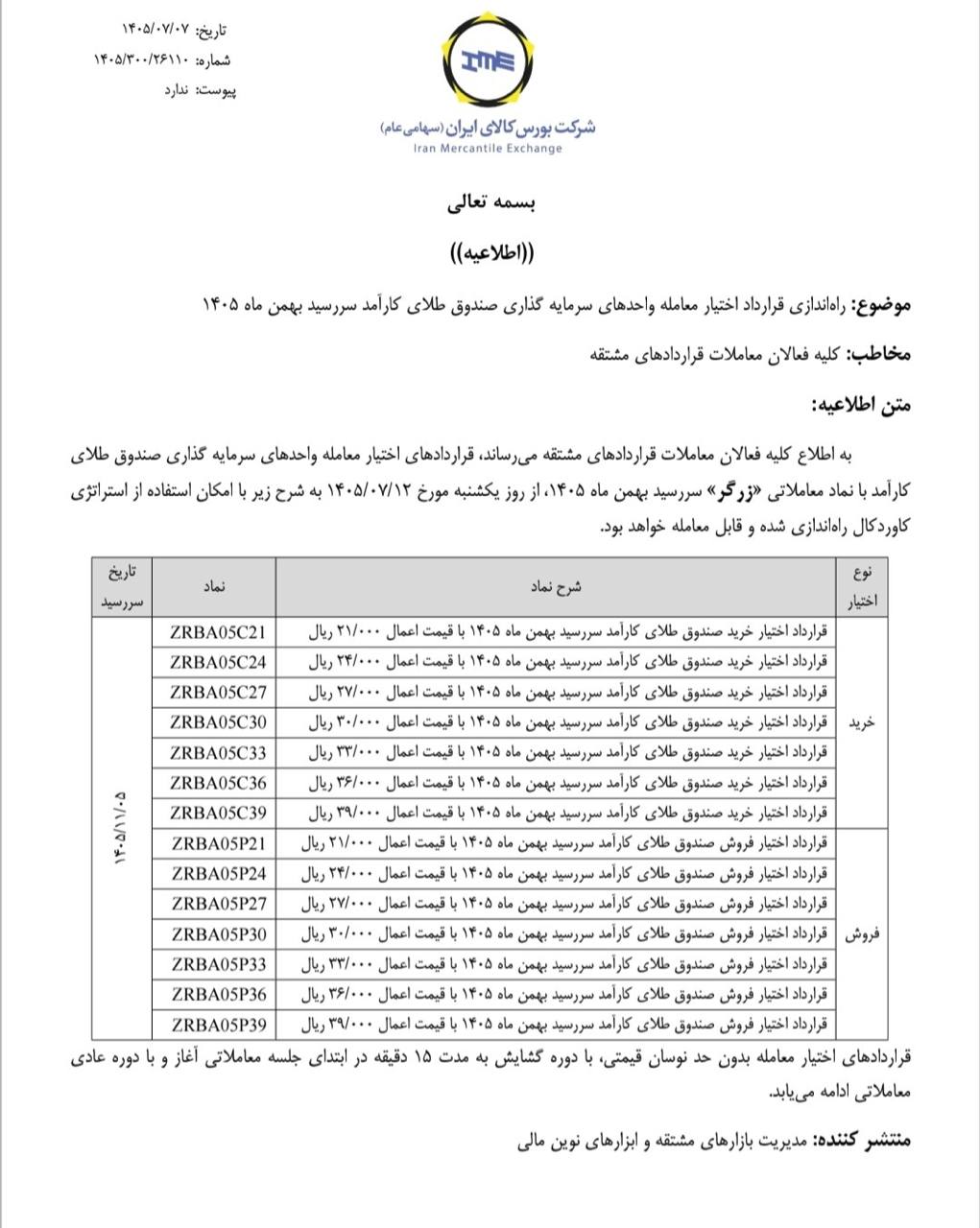 🔴 راه اندازی قرارداد اختیار معامله صندوق طلای کارآمد سررسید بهمن ماه ۱۴۰۵

🗓 از روز یکشنبه ١٢ مهرماه ۱۴۰۵