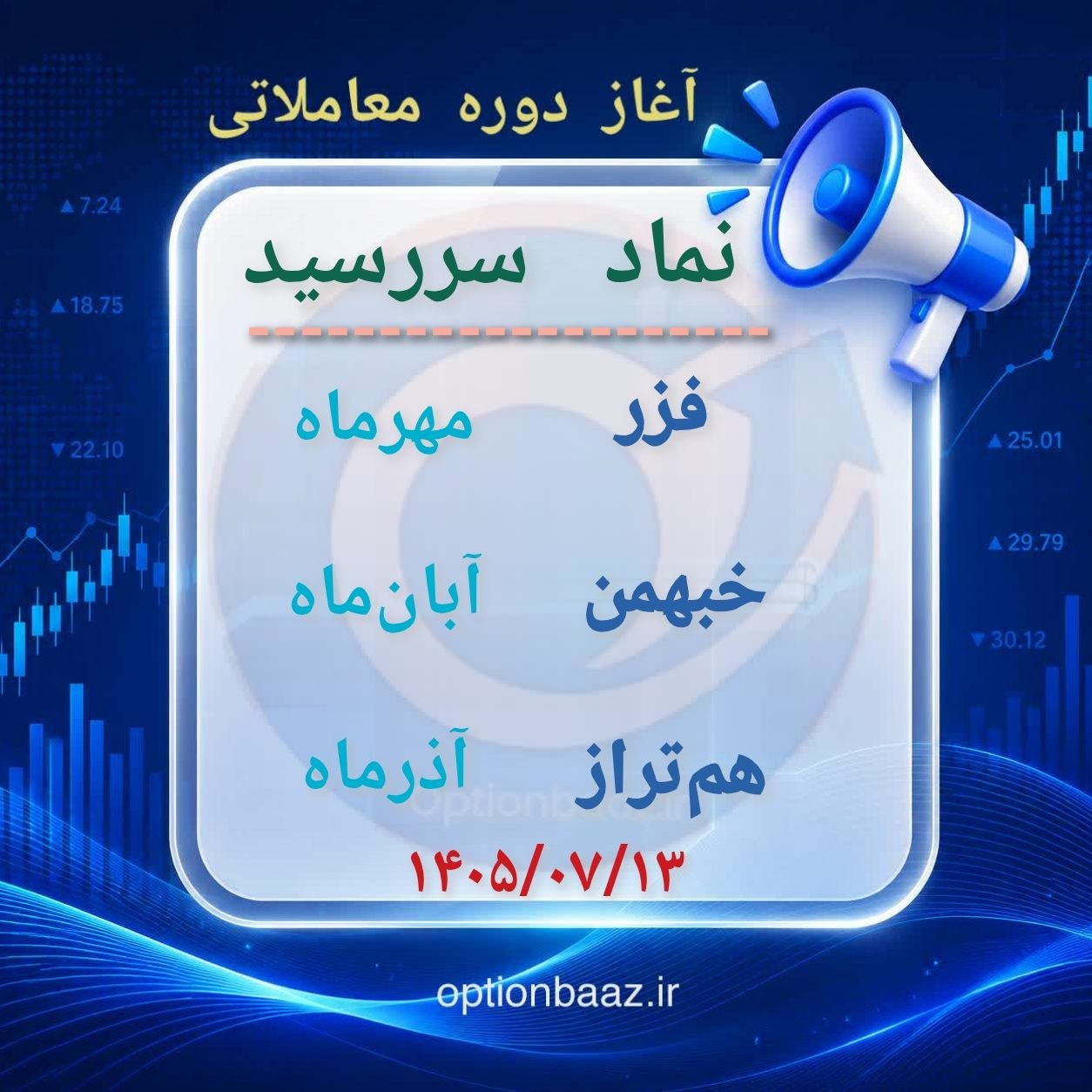 #اطلاعیه 

📣 آغاز دوره معاملاتی  قراردادهای اختیار معامله :


      
     فزر
  🔺دوره معاملاتی : مهرماه     

     خبهمن
   🔺دوره معاملاتی : آبان‌ماه  

     هم‌تراز
🔺دوره معاملاتی : آذر‌ماه  


🗓آغاز : دو‌شنبه‌ 13 مهرماه