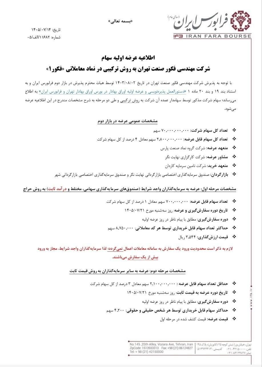 🔴 عرضه اولیه نماد معاملاتی : فکور
🔹 سهام شرکت مهندسی فکور صنعت تهران به روش ترکیبی
🗓 تاریخ عرضه : سهشنبه 21 مهرماه 1405
✅ مرحله اول : عرضه به سرمایهگذاران (صندوقهای سرمایه گذاری سهامی،مختلط و درامدثابت) به روش حراج
🔹 تعداد سهام قابل عرضه : 700.000.000 سهم معادل 1 درصد از کل سهام
🔹 حداکثر تعداد سهام توسط هر کد معاملاتی : 8.750.000 سهم
🔹 قیمت ارزشگذاری : 3.544 ریال
✅ مرحله دوم : عرضه به سایر سرمایهگذاران به روش قیمت ثابت
🔺 حداقل تعداد سهام قابل عرضه : 2.100.000.000 سهم معادل 3 درصد از کل سهام
🔹 حداکثر سهام قابل خریداری توسط هر شخص حقیقی و حقوقی : 4.200 سهم
🔹 قیمت عرضه : قیمت کشف شده در مرحله اول